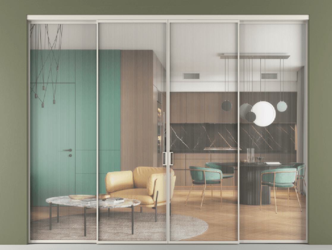 Перегородка Формато внутри проёма 4 створки АЛПР 040.01 Алюминий облачно-серый Рифлёное стекло "Мору", триплекс Цена 345440 ₽  | Volhovec