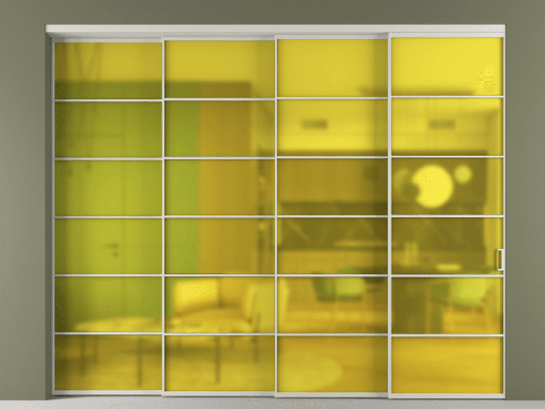 Перегородка Formato внутри проёма 4 створки с синхронным механизмом АЛПР 040.04 Алюминий тёплый серый Сатинированное жёлтое стекло, триплекс. Цена 488680 ₽ 1. Полотно 4 шт. (800/2100 мм)
2. Комплект установки раздвижной системы
3. Базовый комплект фурнитуры
4. Комплект фурнитуры телескопик синхро-3
5. Ручка RONDO
. Фабрика дверей Волховец 8 (800) 551 43 19 Перегородка Formato внутри проёма 4 створки с синхронным механизмом АЛПР 040.04 Алюминий тёплый серый Сатинированное жёлтое стекло, триплекс Цена 488680 ₽ | Volhovec