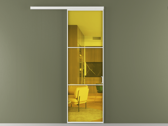 Алюминевая перегородка АЛПР 040.03_АБЛ_ПРОЗ ЖЕЛ_new. Цвет Алюминий белоснежный. Материал Алюминий в эмали. Коллекция Перегородка Формато вдоль стены 1 створка. Картинка.