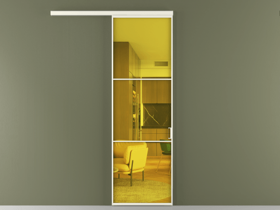 Алюминевая перегородка АЛПР 040.03_АЖМ_ПРОЗ ЖЕЛ_new. Цвет Алюминий жемчужный. Материал Алюминий в эмали. Коллекция Перегородка Формато вдоль стены 1 створка. Картинка.