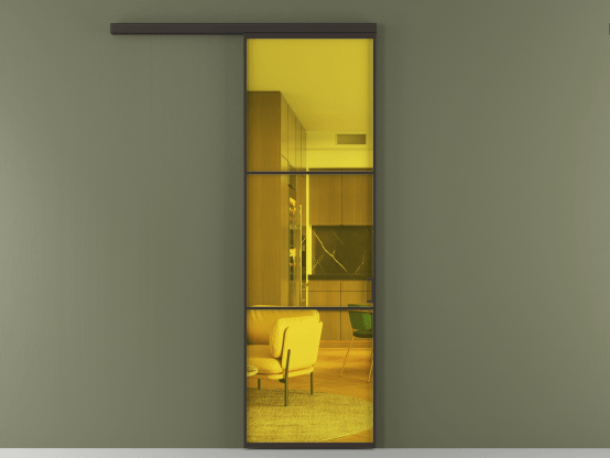 Алюминевая перегородка АЛПР 040.03_ААН_ПРОЗ ЖЕЛ_new. Цвет Алюминий антрацит. Материал Алюминий в эмали. Коллекция Перегородка Формато вдоль стены 1 створка. Картинка.