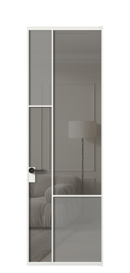 Дверь межкомнатная АЛПЛ041.13 АБЛСерый сатин матовое + Серый прозрачное. Цвет Алюминий белоснежный. Материал Алюминий в эмали. Коллекция Мозаик. Картинка.