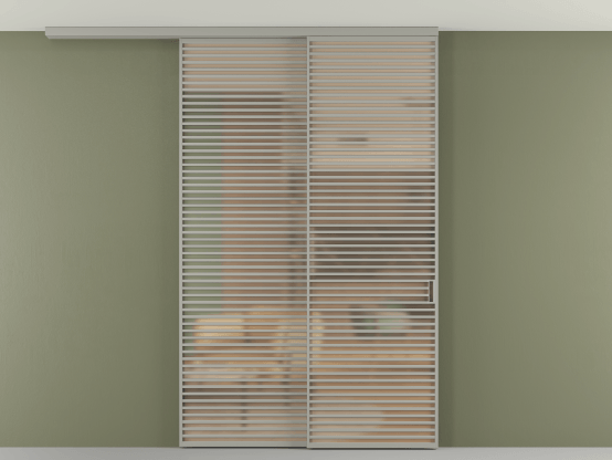 Алюминевая перегородка АЛПР 040.07_АНСР_САТ ОРАНЖ_new. Цвет Алюминий нейтральный серый. Материал Алюминий в эмали. Коллекция Перегородка Формато вдоль стены на потолок 2 створки с синхронным механизмом. Картинка.