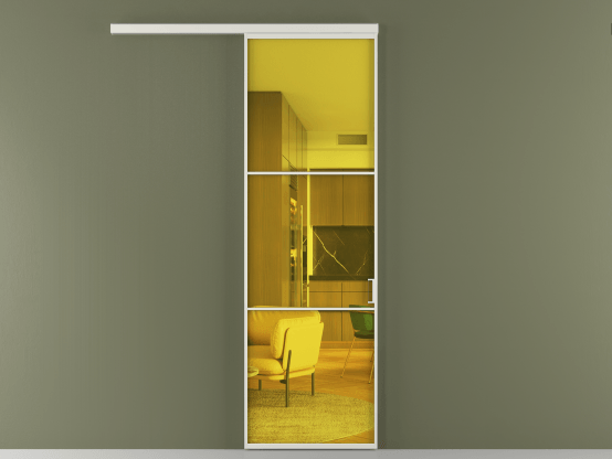 Алюминевая перегородка АЛПР 040.03_АСР_ПРОЗ ЖЕЛ_new. Цвет Алюминий серый. Материал Алюминий в эмали. Коллекция Перегородка Формато вдоль стены 1 створка. Картинка.