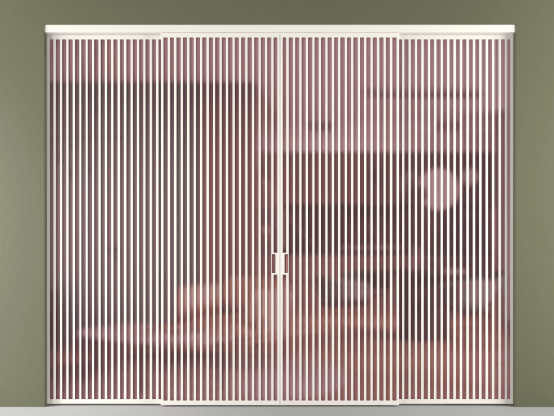 Алюминевая перегородка vn2+2_06_ Алюминий пудровый белый Сатинированное розовое стекло, триплекс, 6мм. Цвет Алюминий пудровый белый. Материал Алюминий в эмали. Коллекция Перегородка Formato внутри проёма 4 створки. Картинка.