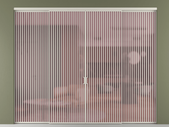 Алюминевая перегородка vn2+2_06_ Алюминий тёплый серый Сатинированное розовое стекло, триплекс, 6мм. Цвет Алюминий тёплый серый. Материал Алюминий в эмали. Коллекция Перегородка Formato внутри проёма 4 створки. Картинка.